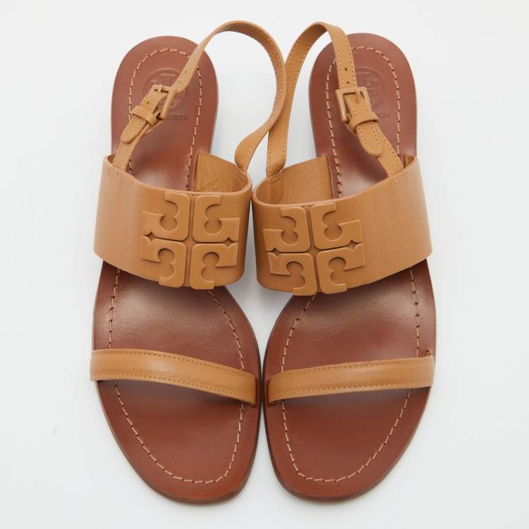 Pre Owned Tory Burch Beige Leather Eleanor Block Heel Slingback Sandals Size 40