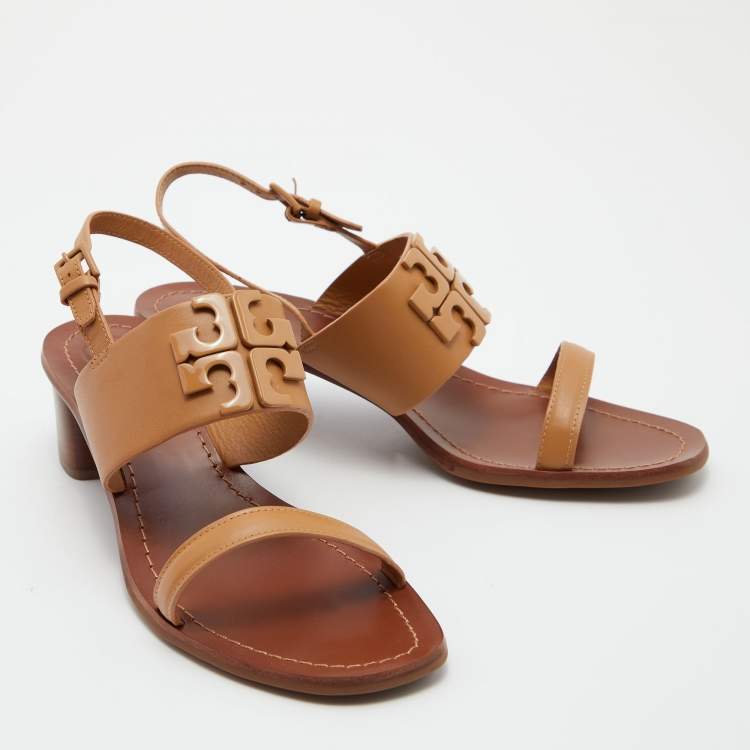 Pre Owned Tory Burch Beige Leather Eleanor Block Heel Slingback Sandals Size 40