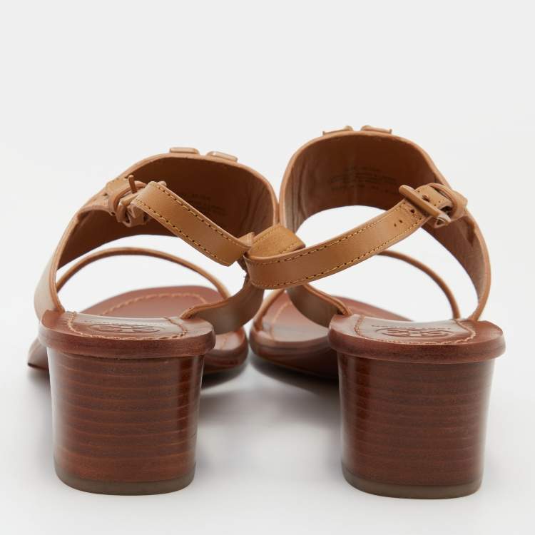 Pre Owned Tory Burch Beige Leather Eleanor Block Heel Slingback Sandals Size 40