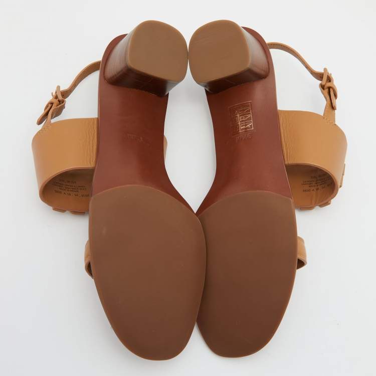 Pre Owned Tory Burch Beige Leather Eleanor Block Heel Slingback Sandals Size 40