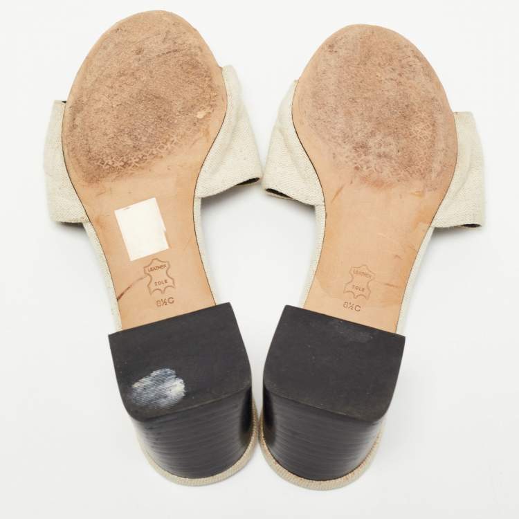 Pre Owned Tory Burch Off White Canvas And Leather Ines Slide Sandals Size 38.5