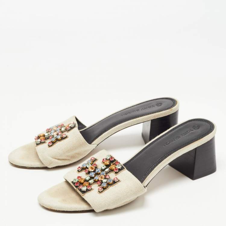 Tory Burch Off White Canvas And Leather Ines Slide Sandals Size  Tory  Burch | TLC