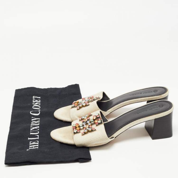 Pre Owned Tory Burch Off White Canvas And Leather Ines Slide Sandals Size 38.5