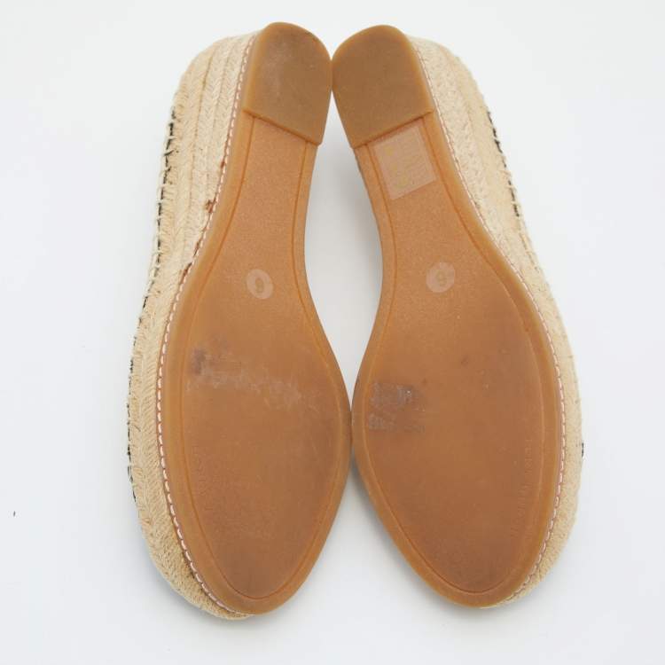 Pre Owned Tory Burch Beige/Black Canvas and Leather Flat Espadrilles Size 36.5 