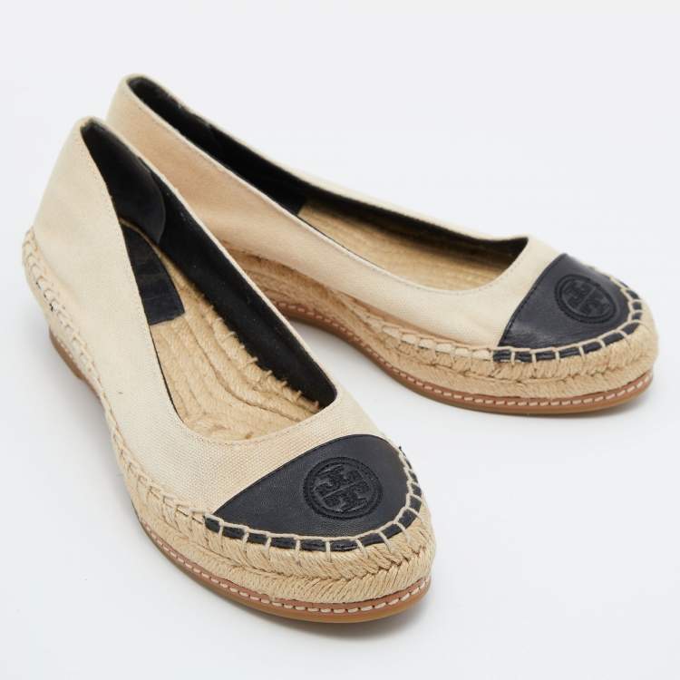 Pre Owned Tory Burch Beige/Black Canvas and Leather Flat Espadrilles Size 36.5 