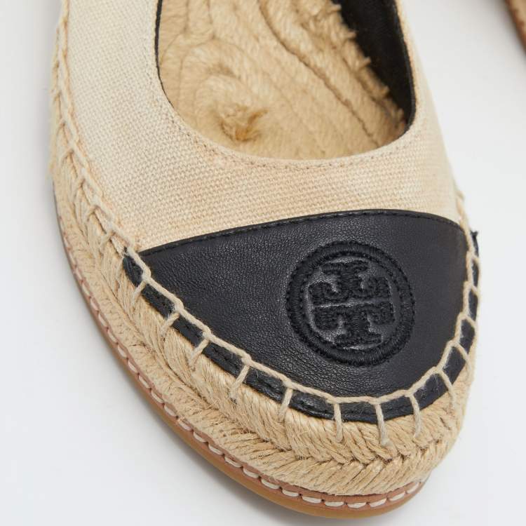 Pre Owned Tory Burch Beige/Black Canvas and Leather Flat Espadrilles Size 36.5 