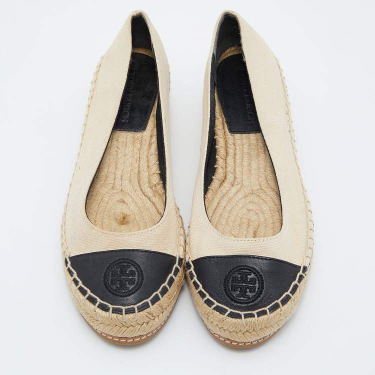Pre Owned Tory Burch Beige/Black Canvas and Leather Flat Espadrilles Size 36.5 