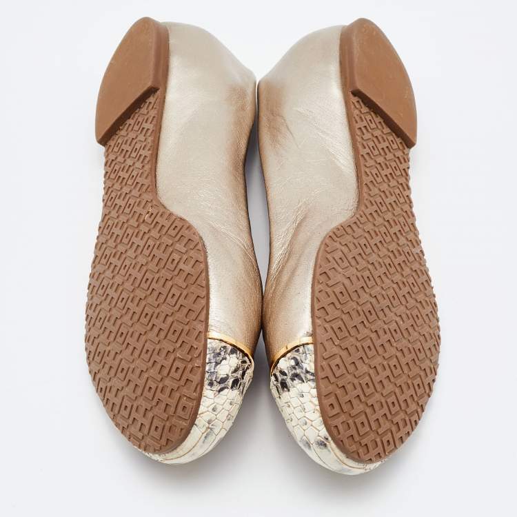 Pre Owned Tory Burch Metallic/Beige Leather and Python Embossed Pacey Ballet Flats Size 37.5