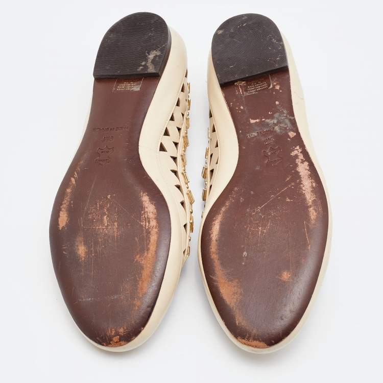 Pre Owned Tory Burch Beige Leather Embellished Kingsbridge Ballet Flats Size 39.5