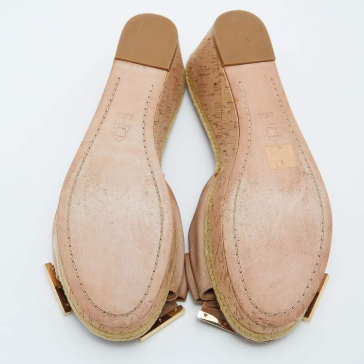 Pre Owned Tory Burch Beige Canvas Bow Wedge Slide Sandals Size 39