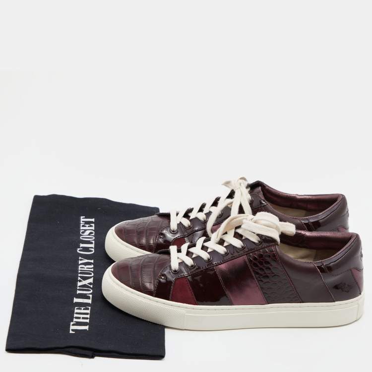 Pre Owned Tory Burch Burgundy Croc Embossed Leather and Patent  Low Top Sneakers Size 39