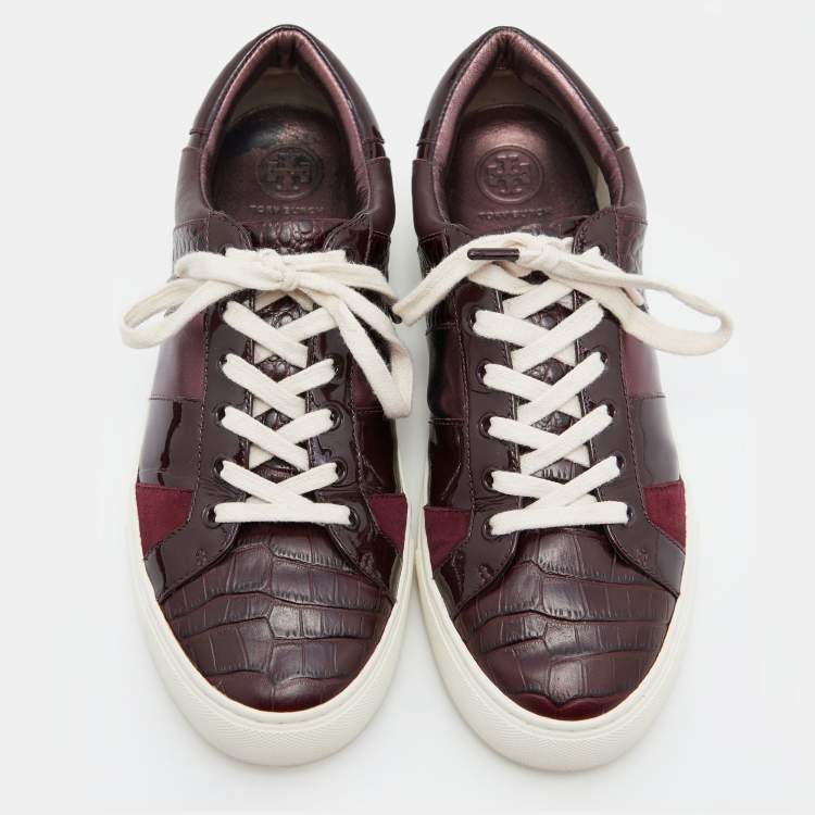 Pre Owned Tory Burch Burgundy Croc Embossed Leather and Patent  Low Top Sneakers Size 39
