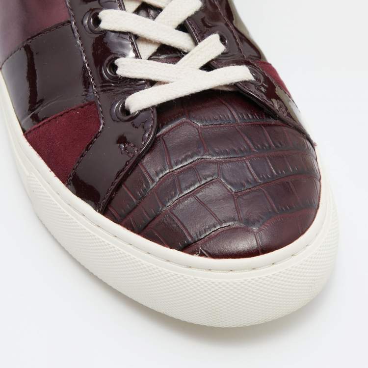 Pre Owned Tory Burch Burgundy Croc Embossed Leather and Patent  Low Top Sneakers Size 39