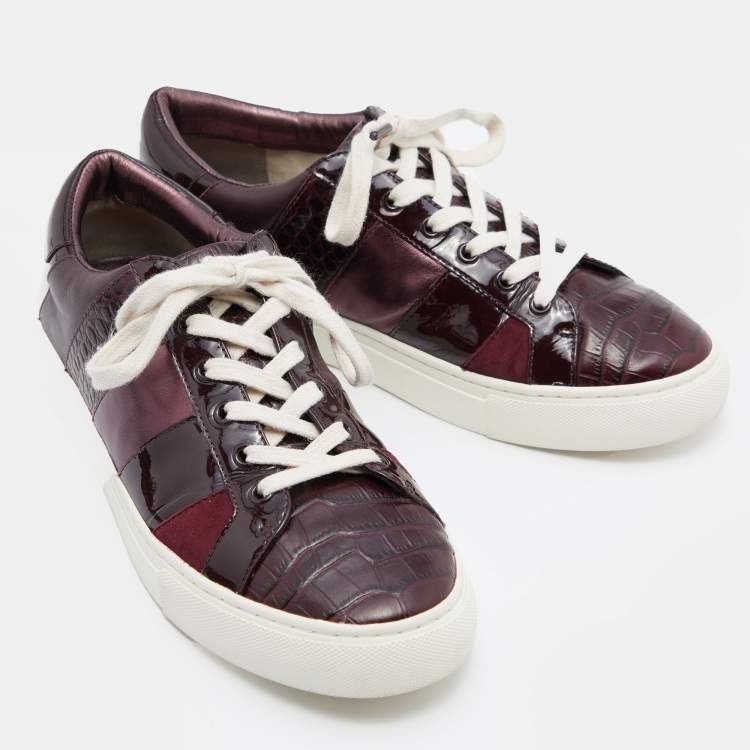 Pre Owned Tory Burch Burgundy Croc Embossed Leather and Patent  Low Top Sneakers Size 39
