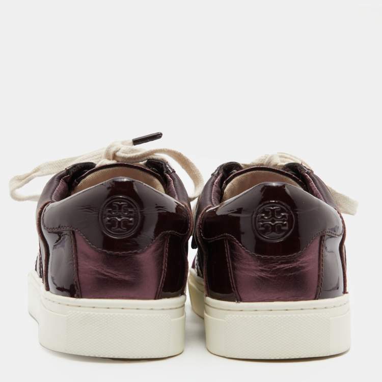 Pre Owned Tory Burch Burgundy Croc Embossed Leather and Patent  Low Top Sneakers Size 39
