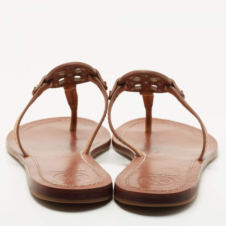 Pre Owned Tory Burch Brown Leather Miller Flat Thong Sandals Size 38.5