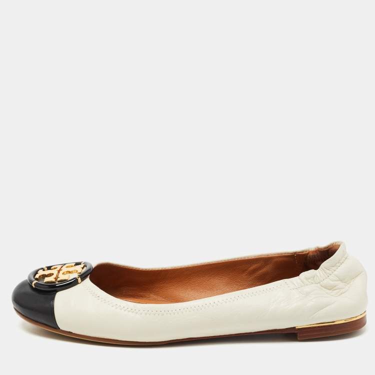 Tory Burch Off White/Black Leather Logo Buckle Ballet Flats Size 38 Tory  Burch | TLC