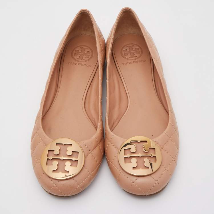 Pre Owned Tory Burch Beige Quilted Leather Quinn Ballet Flats Size 38.5
