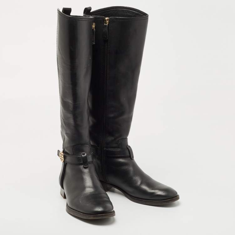 Pre Owned Tory Burch Black Leather Reva Knee Length Boots Size 36.5