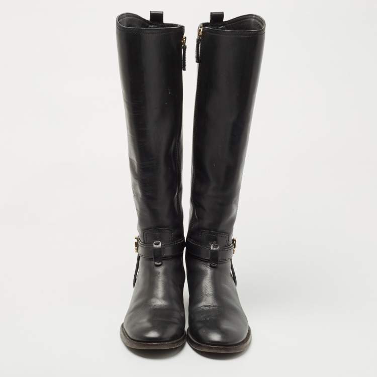 Pre Owned Tory Burch Black Leather Reva Knee Length Boots Size 36.5