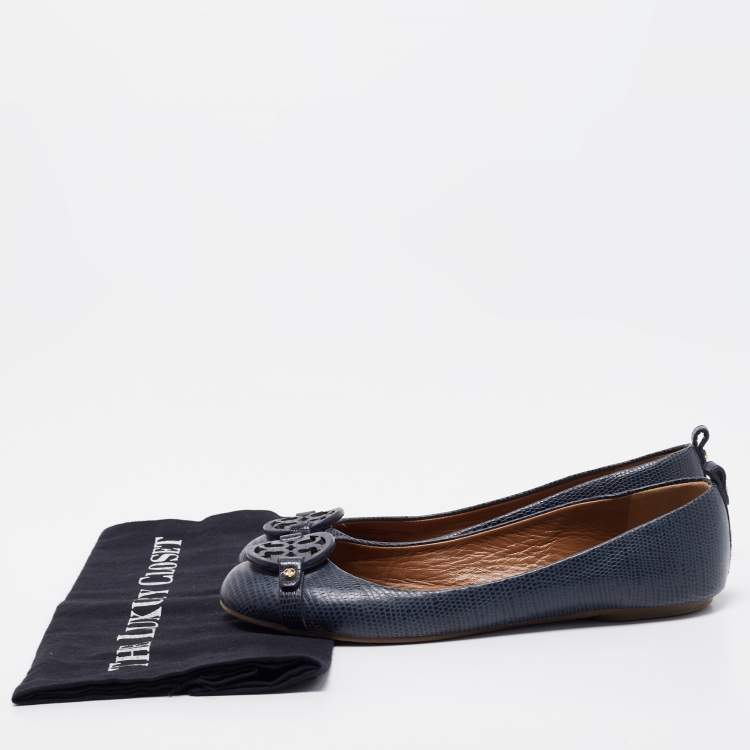 Pre Owned Tory Burch Navy Blue Lizard Embossed Leather Ballet Flats Size 37.5