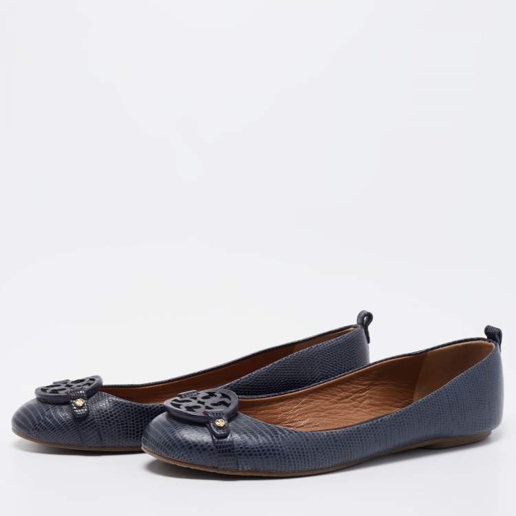 Pre Owned Tory Burch Navy Blue Lizard Embossed Leather Ballet Flats Size 37.5