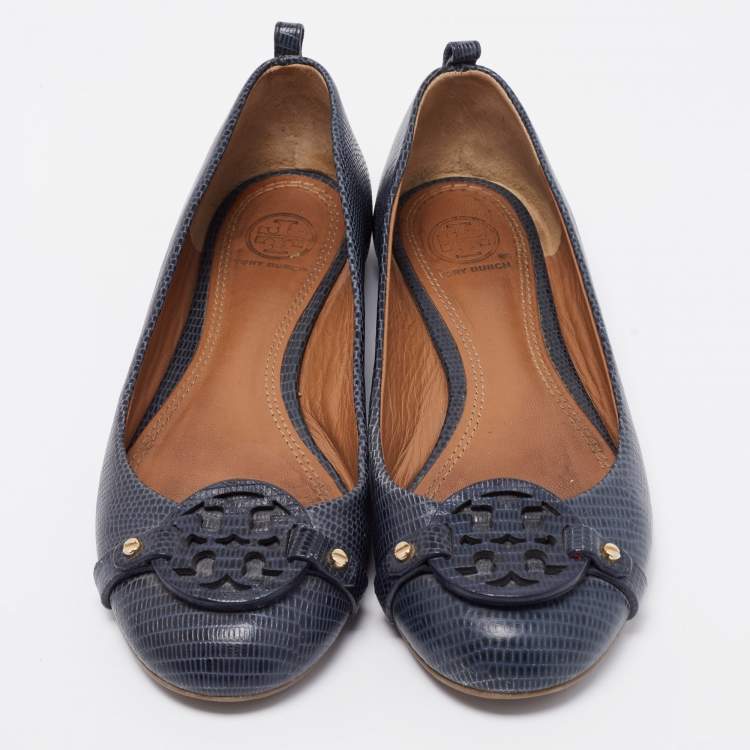 Pre Owned Tory Burch Navy Blue Lizard Embossed Leather Ballet Flats Size 37.5