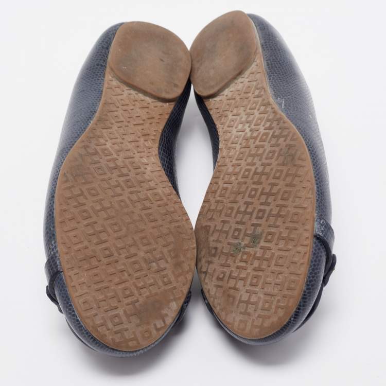 Pre Owned Tory Burch Navy Blue Lizard Embossed Leather Ballet Flats Size 37.5