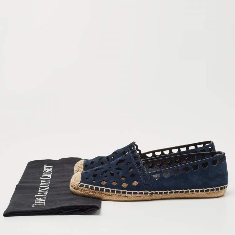 مملوكة مسبقًا Tory Burch Navy Blue Suede Cutout Espadrille Flats Size 37.5
