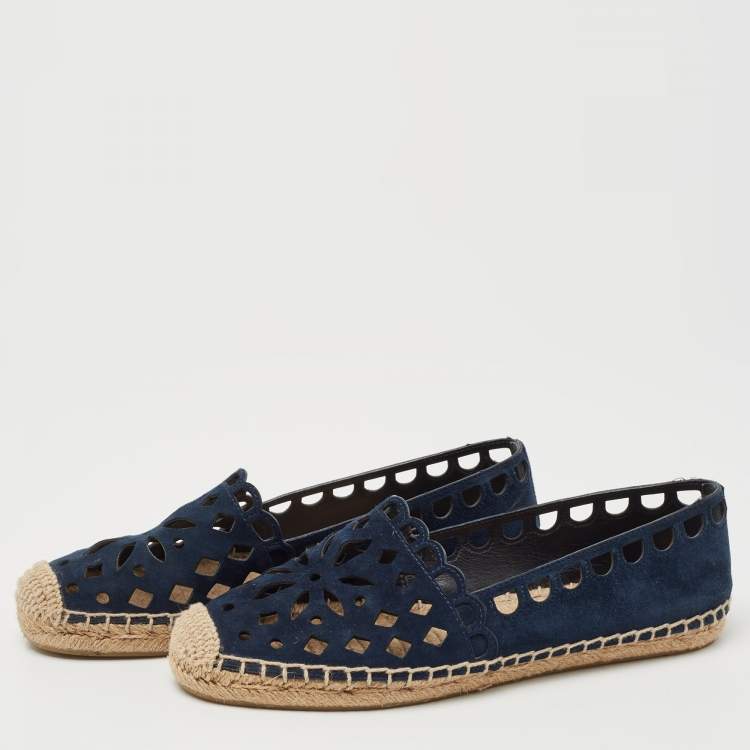 مملوكة مسبقًا Tory Burch Navy Blue Suede Cutout Espadrille Flats Size 37.5