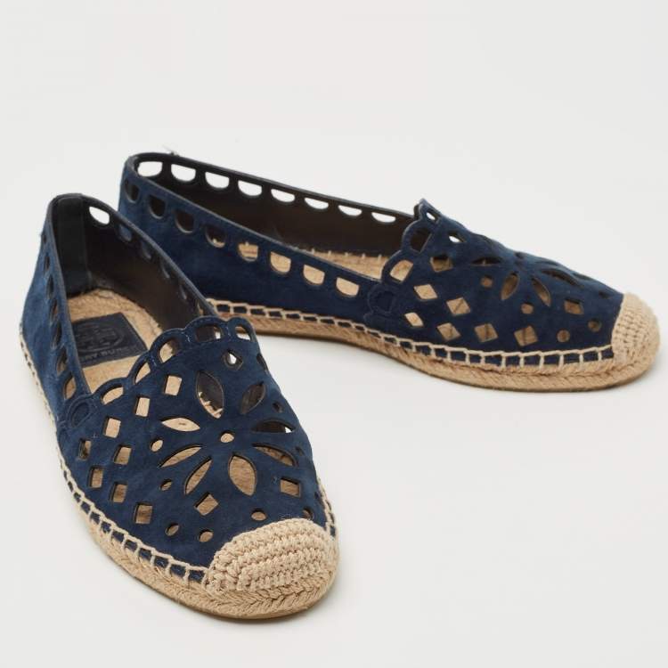 مملوكة مسبقًا Tory Burch Navy Blue Suede Cutout Espadrille Flats Size 37.5