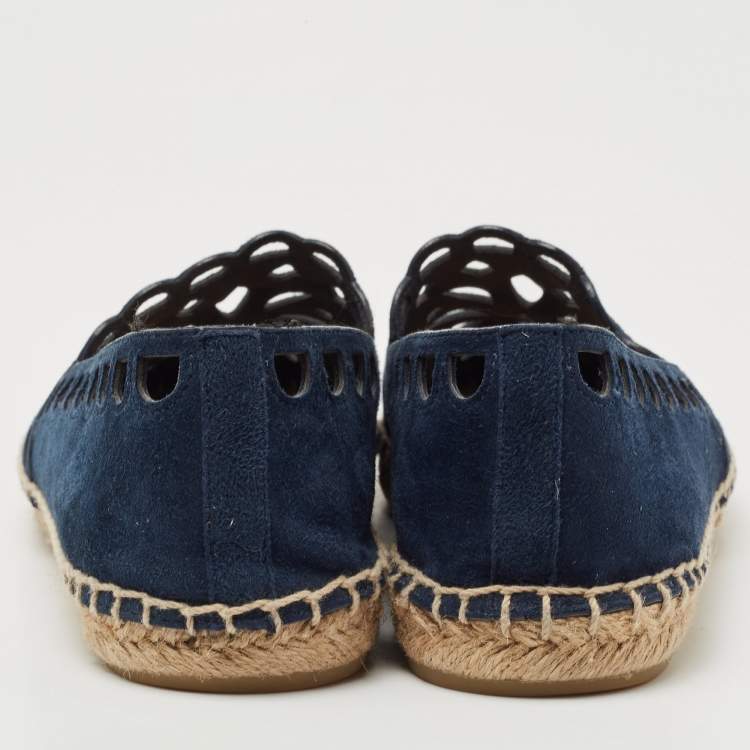 مملوكة مسبقًا Tory Burch Navy Blue Suede Cutout Espadrille Flats Size 37.5
