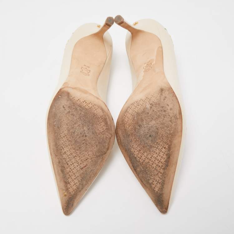 Pre Owned Tory Burch Cream Patent Leather Flower Embroidered Elizabeth Pointed Toe Pumps Size 39.5