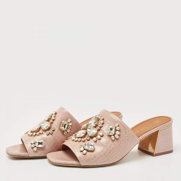 Pre Owned Tory Burch Beige Croc Embossed Leather Martine Mules Size 40