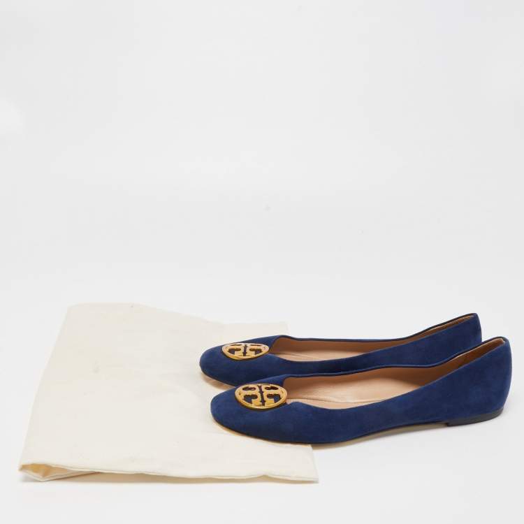 Pre Owned Tory Burch Navy Blue Suede Reva Ballet Flats Size 39.5