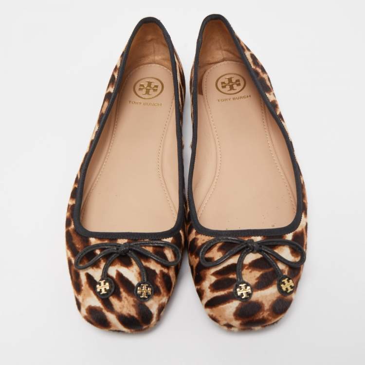 Pre Owned Tory Burch Black/Brown Leopard Print Calf Hair Laila Square Toe Ballet Flats Size 38.5