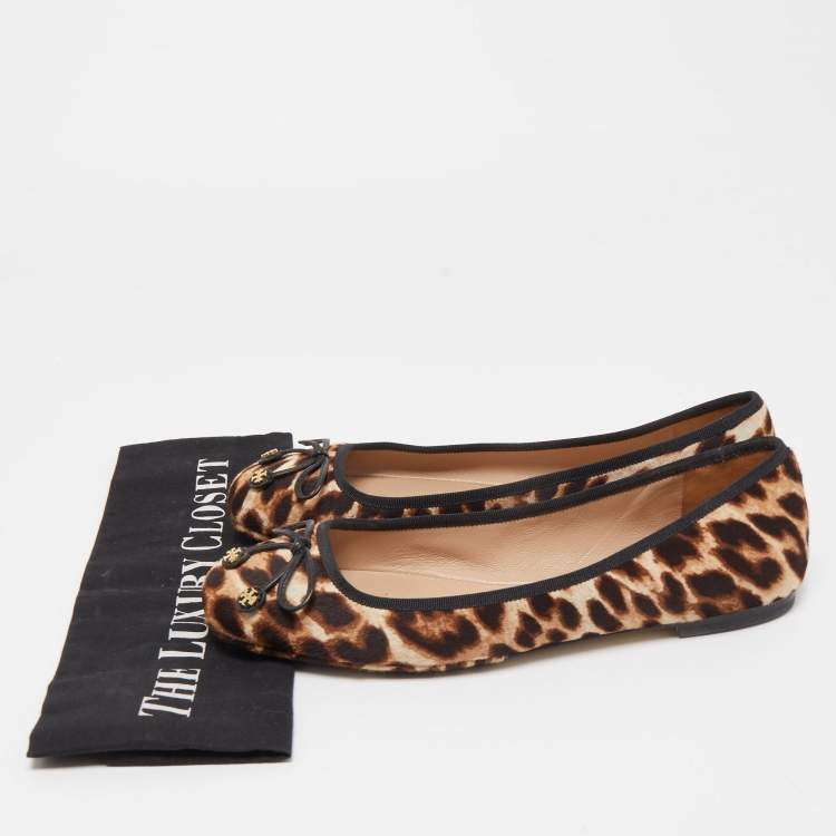 Pre Owned Tory Burch Black/Brown Leopard Print Calf Hair Laila Square Toe Ballet Flats Size 38.5