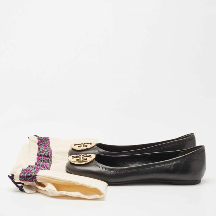 Pre Owned Tory Burch Black Leather Reva Ballet Flats Size 39.5