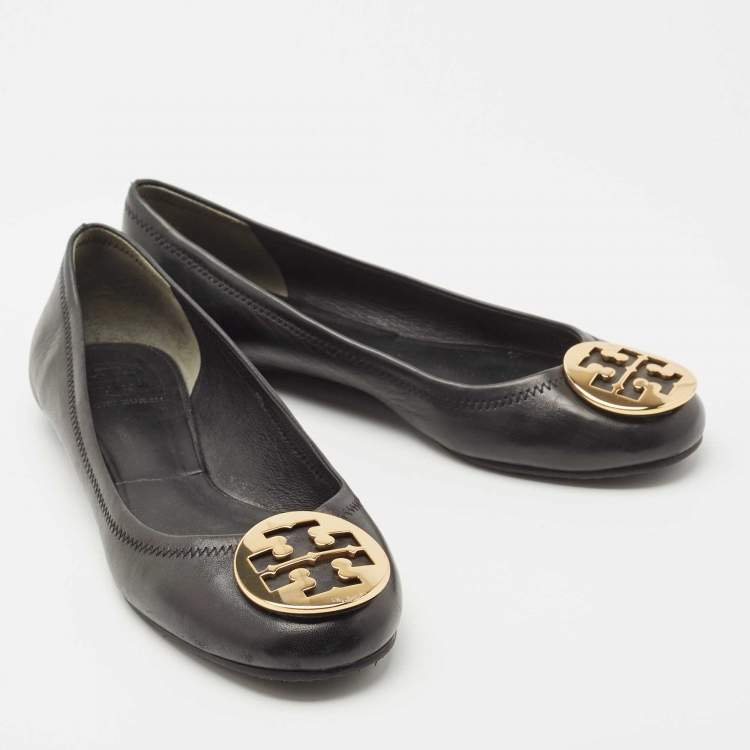 Pre Owned Tory Burch Black Leather Reva Ballet Flats Size 39.5