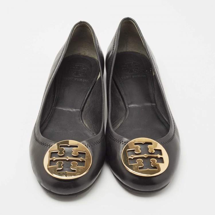 Pre Owned Tory Burch Black Leather Reva Ballet Flats Size 39.5
