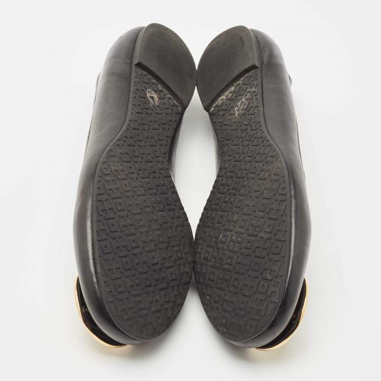 Pre Owned Tory Burch Black Leather Reva Ballet Flats Size 39.5