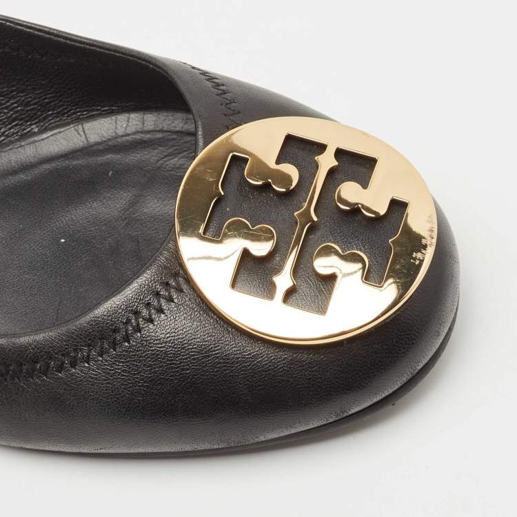 Pre Owned Tory Burch Black Leather Reva Ballet Flats Size 39.5