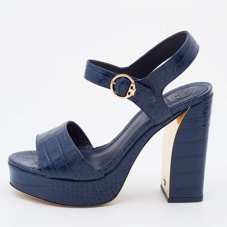 Pre Owned Tory Burch Blue Croc Embossed Leather Block Heel Ankle Strap Sandals Size 37.5
