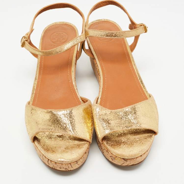 Pre Owned Tory Burch Gold Leather Ankle Strap Platform Sandals Size 41