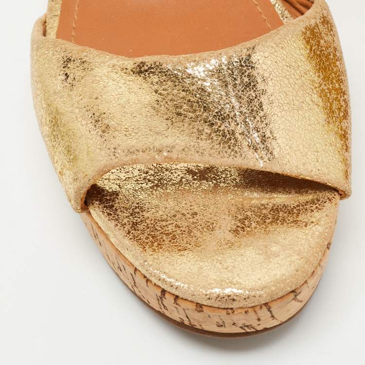 Pre Owned Tory Burch Gold Leather Ankle Strap Platform Sandals Size 41
