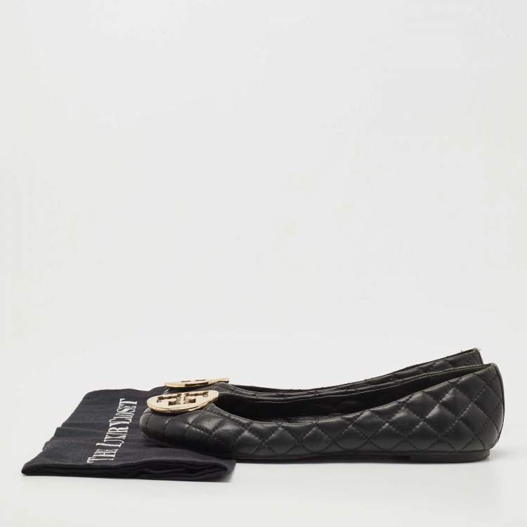 Pre Owned Tory Burch Black Quilted Leather Reva Ballet Flats Size 38.5