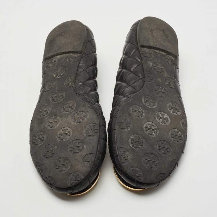 Pre Owned Tory Burch Black Quilted Leather Reva Ballet Flats Size 38.5