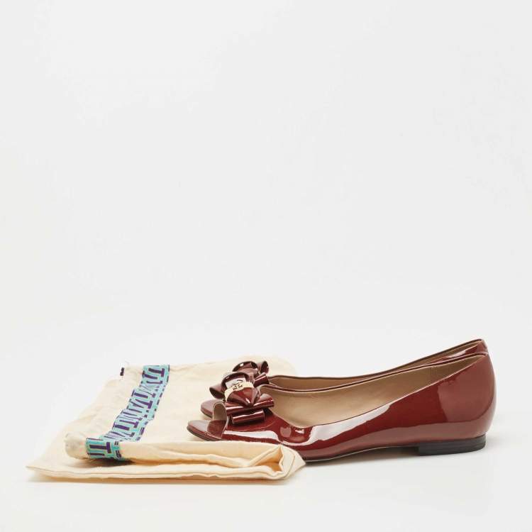Pre Owned Tory Burch Burgundy Patent Leather Bow Peep Toe Ballet Flats Size 37.5