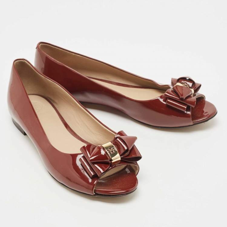 Pre Owned Tory Burch Burgundy Patent Leather Bow Peep Toe Ballet Flats Size 37.5