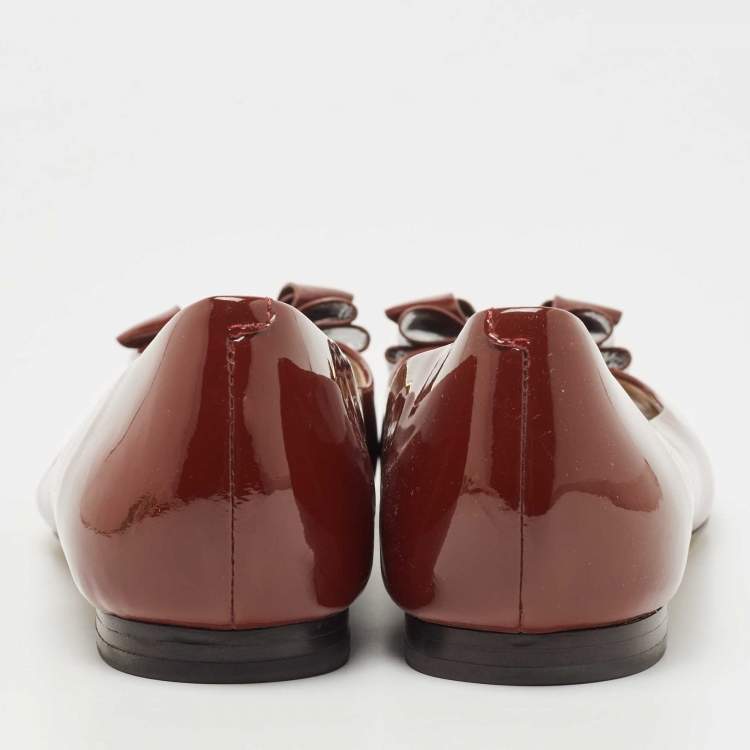 Pre Owned Tory Burch Burgundy Patent Leather Bow Peep Toe Ballet Flats Size 37.5